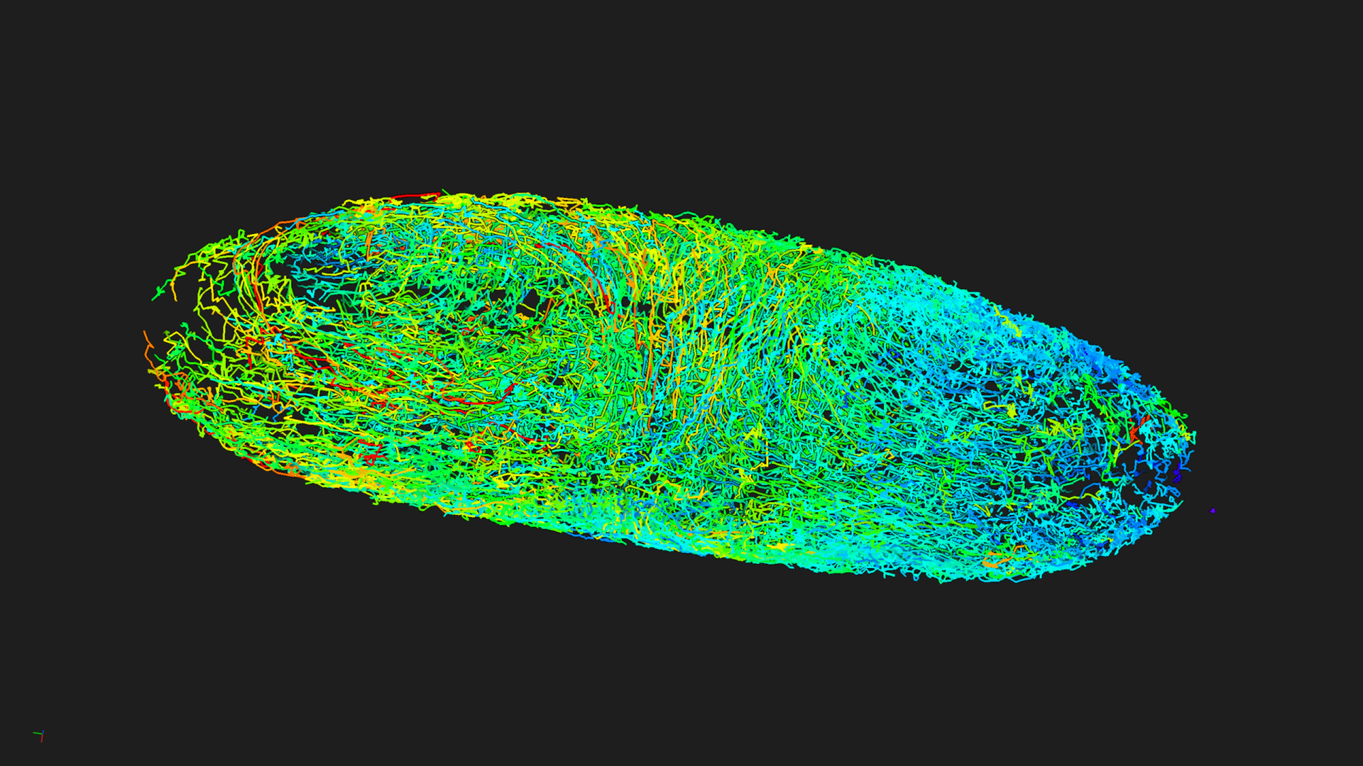 Traçage des cellules dans un embryon de mouche en développement codé en couleur à vitesse de traçage moyenne, avec une palette de couleurs allant du vert et du jaune au cyan et au bleu, le rouge servant à mettre en avant des éléments.