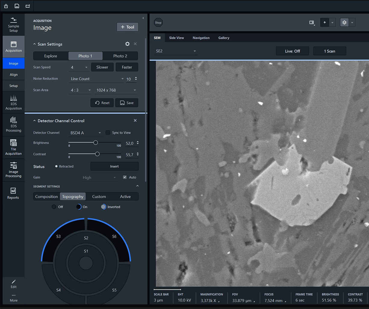 Adapte la interfaz de usuario a los flujos de trabajo que necesita creando y guardando entornos de trabajo que muestren únicamente los controles necesarios en cada caso. El concepto de entorno de trabajo hace que usar un microscopio electrónico de barrido con ZEN core resulte especialmente atractivo para principiantes que trabajan en una instalación de varios usuarios.